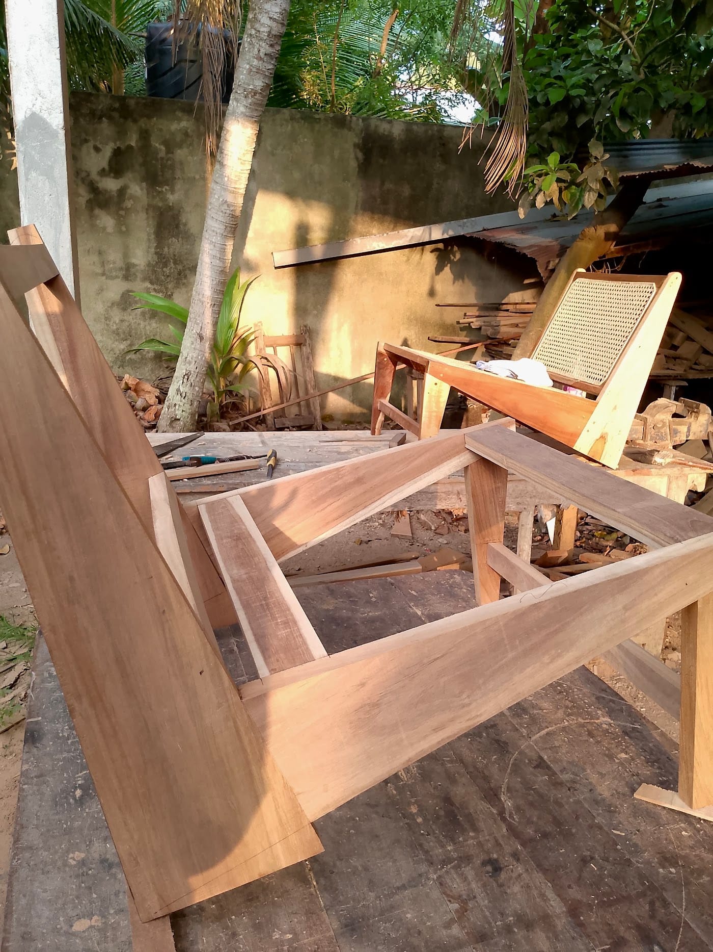 Handmade wooden chair frames built for Kelani in the carpenter's workshop